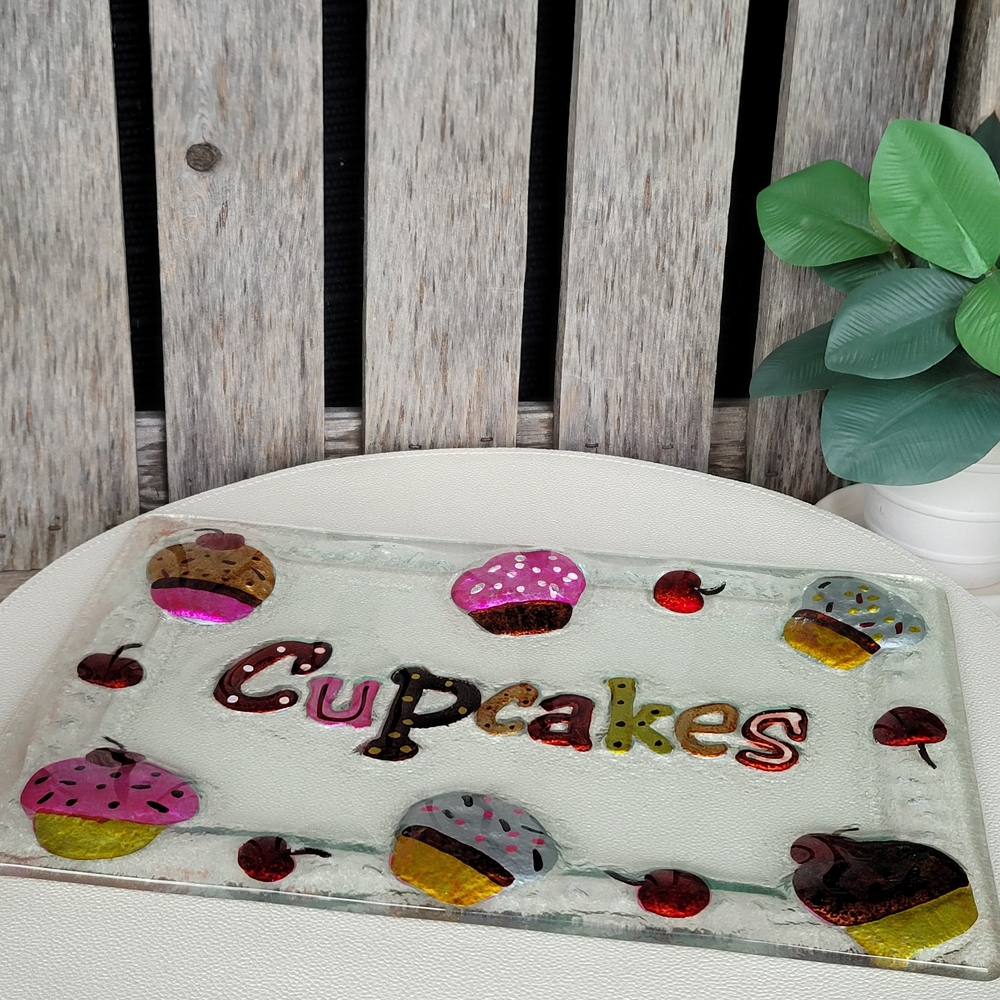 Cupcakes & Cherries Handpainted Fused Glass Rectangle Platter - Picture 4 of 8